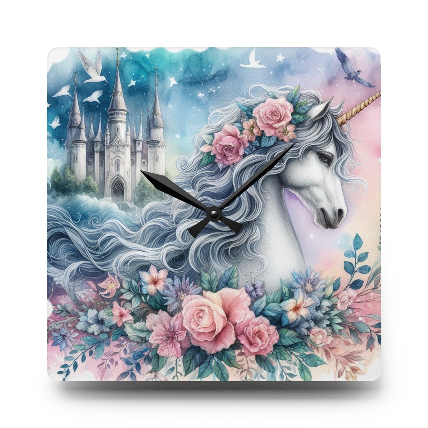 Unicorn with Roses - Acrylic Wall Clock