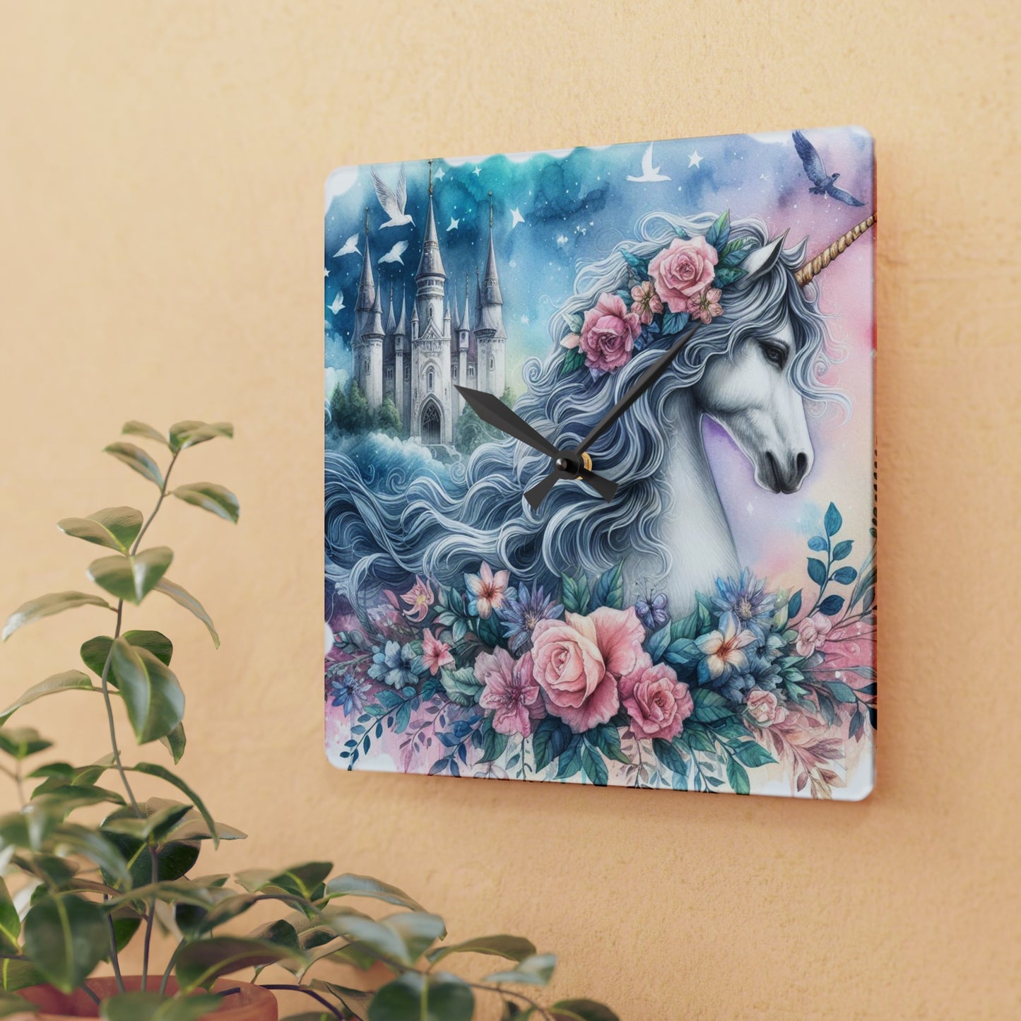 Unicorn with Roses - Acrylic Wall Clock